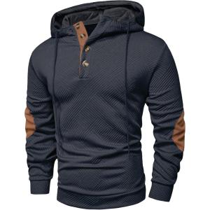 JMIERR Mens Hoodies Fall Casual Cotton Textured Long Sleeve Half Button Pullover Hooded Sweatshirts(Dark Grey)