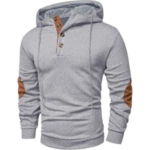 JMIERR Mens Hoodies Fall Casual Cotton Textured Long Sleeve Half Button Pullover Hooded Sweatshirts(Grey)