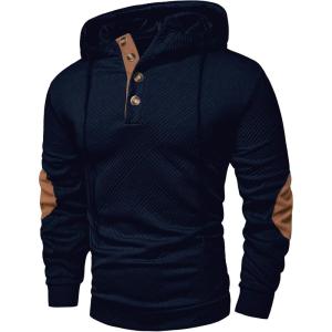 JMIERR Mens Hoodies Fall Casual Cotton Textured Long Sleeve Half Button Pullover Hooded Sweatshirts(Navy Blue)