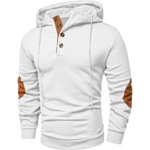 JMIERR Mens Hoodies Fall Casual Cotton Textured Long Sleeve Half Button Pullover Hooded Sweatshirts(White)