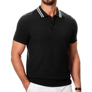 JMIERR Men’s Knit Polo Shirts Casual Short Sleeve Button Lightweight Shirt(Black)