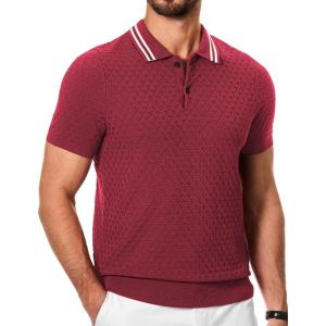 JMIERR Men’s Knit Polo Shirts Casual Short Sleeve Button Lightweight Shirt(Red)