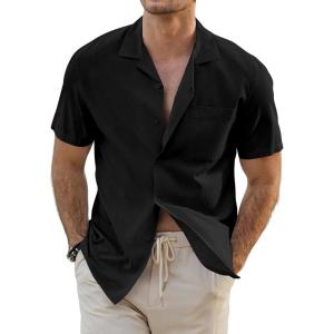 JMIERR Mens Linen Shirts Casual Short Sleeve Button Down Shirts Wrinkle Free Vacation Beach Summer Tops(Black)