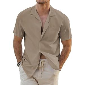 JMIERR Mens Linen Shirts Casual Short Sleeve Button Down Shirts Wrinkle Free Vacation Beach Summer Tops(Brown)