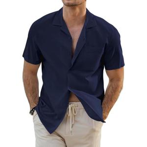 JMIERR Mens Linen Shirts Casual Short Sleeve Button Down Shirts Wrinkle Free Vacation Beach Summer Tops(Dark Blue)