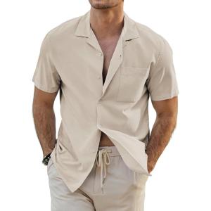 JMIERR Mens Linen Shirts Casual Short Sleeve Button Down Shirts Wrinkle Free Vacation Beach Summer Tops(Light Khaki)