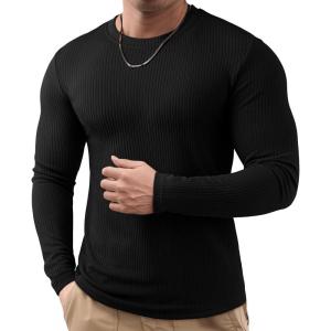 JMIERR Mens Long Sleeve Muscle T Shirts Casual Crewneck Knitted Longline Textured Tee Shirts for Gym Workout(A Black)
