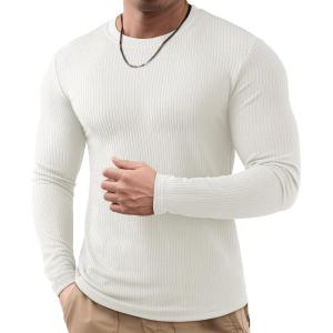 JMIERR Mens Long Sleeve Muscle T Shirts Casual Crewneck Knitted Longline Textured Tee Shirts for Gym Workout(A White)
