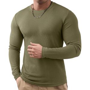 JMIERR Mens Long Sleeve Muscle T Shirts Casual Crewneck Knitted Longline Textured Tee Shirts for Gym Workout(B Green)