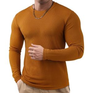 JMIERR Mens Long Sleeve Muscle T Shirts Casual Crewneck Knitted Longline Textured Tee Shirts for Gym Workout(B Khaki)