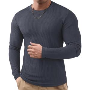 JMIERR Mens Long Sleeve Muscle T Shirts Casual Crewneck Knitted Longline Textured Tee Shirts for Gym Workout(Carbon Grey)