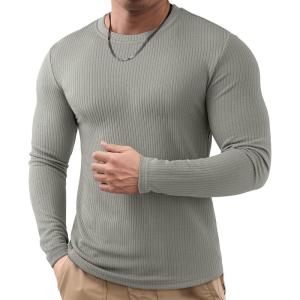 JMIERR Mens Long Sleeve Muscle T Shirts Casual Crewneck Knitted Longline Textured Tee Shirts for Gym Workout(Grey)