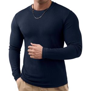 JMIERR Mens Long Sleeve Muscle T Shirts Casual Crewneck Knitted Longline Textured Tee Shirts for Gym Workout(Navy Blue)