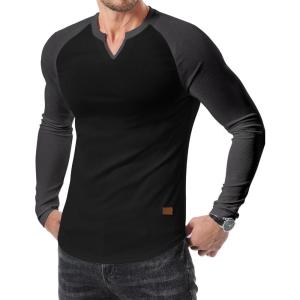 JMIERR Mens Long Sleeve Muscle T Shirts Casual V-Neck Longline Ribbed Tee Shirts(T Black & Grey)
