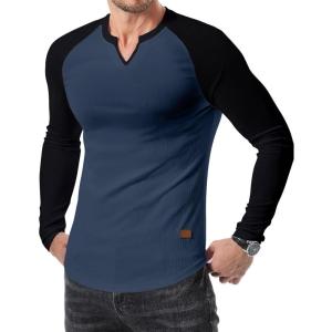 JMIERR Mens Long Sleeve Muscle T Shirts Casual V-Neck Longline Ribbed Tee Shirts(T Blue & Black)