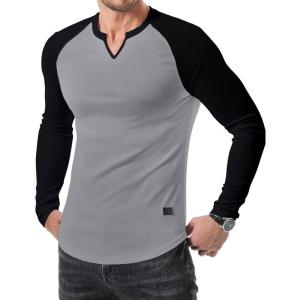 JMIERR Mens Long Sleeve Muscle T Shirts Casual V-Neck Longline Ribbed Tee Shirts(T Grey & Black)