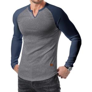 JMIERR Mens Long Sleeve Muscle T Shirts Casual V-Neck Longline Ribbed Tee Shirts(T Grey & Blue)