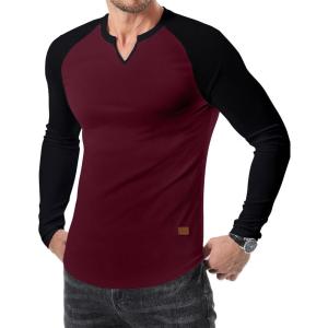 JMIERR Mens Long Sleeve Muscle T Shirts Casual V-Neck Longline Ribbed Tee Shirts(T Red & Black)