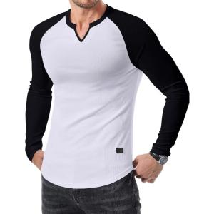 JMIERR Mens Long Sleeve Muscle T Shirts Casual V-Neck Longline Ribbed Tee Shirts(T White & Black)