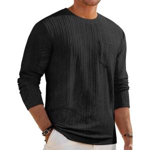 JMIERR Men’s Long Sleeve Shirts Casual Crewneck Pullover T-Shirt Stretch Textured Knit Tee with Pocket(0 Black)
