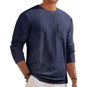 JMIERR Men’s Long Sleeve Shirts Casual Crewneck Pullover T-Shirt Stretch Textured Knit Tee with Pocket(02 Navy Blue)