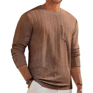 JMIERR Men’s Long Sleeve Shirts Casual Crewneck Pullover T-Shirt Stretch Textured Knit Tee with Pocket(03 Brown)