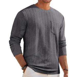 JMIERR Men’s Long Sleeve Shirts Casual Crewneck Pullover T-Shirt Stretch Textured Knit Tee with Pocket(05 Dark Grey)