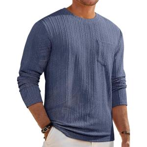 JMIERR Men’s Long Sleeve Shirts Casual Crewneck Pullover T-Shirt Stretch Textured Knit Tee with Pocket(07 Blue)