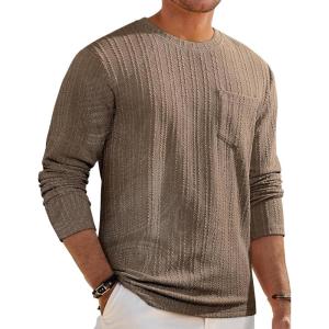 JMIERR Men’s Long Sleeve Shirts Casual Crewneck Pullover T-Shirt Stretch Textured Knit Tee with Pocket(08 Brown2)