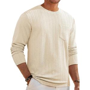JMIERR Men’s Long Sleeve Shirts Casual Crewneck Pullover T-Shirt Stretch Textured Knit Tee with Pocket(09 Apricot)