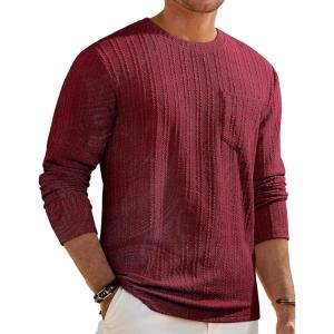 JMIERR Men’s Long Sleeve Shirts Casual Crewneck Pullover T-Shirt Stretch Textured Knit Tee with Pocket(10 Red)