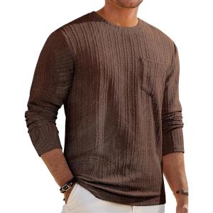 JMIERR Men’s Long Sleeve Shirts Casual Crewneck Pullover T-Shirt Stretch Textured Knit Tee with Pocket(13 Coffee)