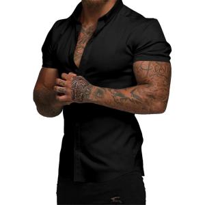 JMIERR Men’s Muscle Fit Dress Shirts Summer Casual Button Down Short Sleeve High Stretch Wrinkle-Free Shirt(1 Black)