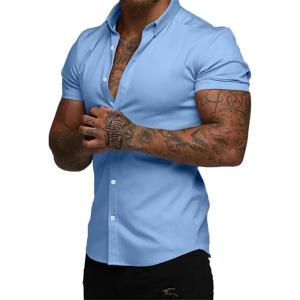 JMIERR Men’s Muscle Fit Dress Shirts Summer Casual Button Down Short Sleeve High Stretch Wrinkle-Free Shirt(A Blue)