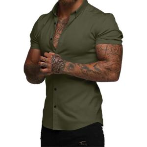 JMIERR Men’s Muscle Fit Dress Shirts Summer Casual Button Down Short Sleeve High Stretch Wrinkle-Free Shirt(B Green)