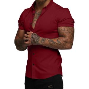 JMIERR Men’s Muscle Fit Dress Shirts Summer Casual Button Down Short Sleeve High Stretch Wrinkle-Free Shirt(B Red)