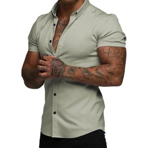 JMIERR Men’s Muscle Fit Dress Shirts Summer Casual Button Down Short Sleeve High Stretch Wrinkle-Free Shirt(C Light Green)