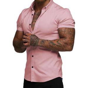 JMIERR Men’s Muscle Fit Dress Shirts Summer Casual Button Down Short Sleeve High Stretch Wrinkle-Free Shirt(C Pink)