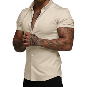 JMIERR Men’s Muscle Fit Dress Shirts Summer Casual Button Down Short Sleeve High Stretch Wrinkle-Free Shirt(D Beige)