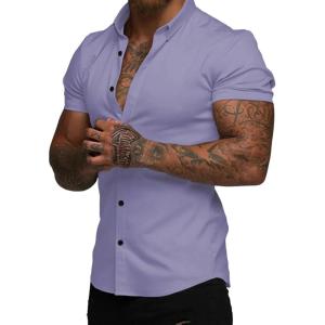 JMIERR Men’s Muscle Fit Dress Shirts Summer Casual Button Down Short Sleeve High Stretch Wrinkle-Free Shirt(E Purple)