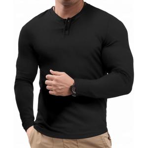 JMIERR Mens Muscle Slim Henley Shirt Button V-Neck Long Sleeve Gym Workout Athletic T Shirts(Black)