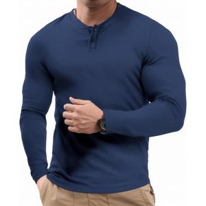 JMIERR Mens Muscle Slim Henley Shirt Button V-Neck Long Sleeve Gym Workout Athletic T Shirts(Navy Blue)