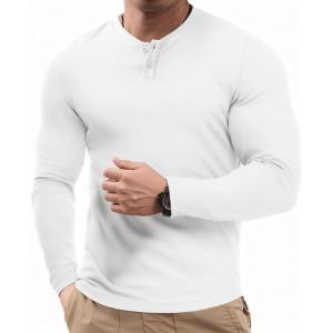 JMIERR Mens Muscle Slim Henley Shirt Button V-Neck Long Sleeve Gym Workout Athletic T Shirts(White)