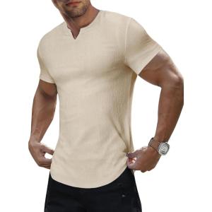 JMIERR Mens Muscle Slim T Shirt Texture V Neck Longline Henley Gym Workout Athletic Tee Shirts(Apricot)
