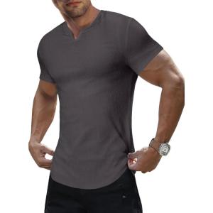 JMIERR Mens Muscle Slim T Shirt Texture V Neck Longline Henley Gym Workout Athletic Tee Shirts(Dark Brown)