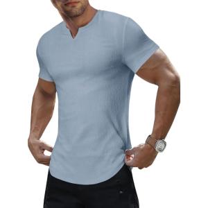 JMIERR Mens Muscle Slim T Shirt Texture V Neck Longline Henley Gym Workout Athletic Tee Shirts(Dusk Blue)