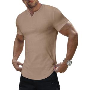 JMIERR Mens Muscle Slim T Shirt Texture V Neck Longline Henley Gym Workout Athletic Tee Shirts(Khaki)