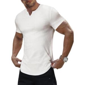 JMIERR Mens Muscle Slim T Shirt Texture V Neck Longline Henley Gym Workout Athletic Tee Shirts(White)