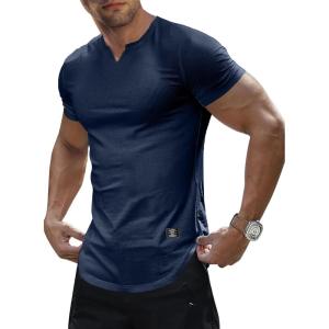 JMIERR Mens Muscle Slim T Shirt V-Neck Longline Henley Shirt Gym Workout Athletic Tee Shirts(A Blue)
