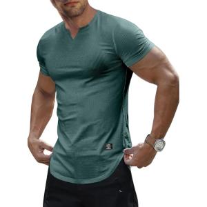 JMIERR Mens Muscle Slim T Shirt V-Neck Longline Henley Shirt Gym Workout Athletic Tee Shirts(A Green)